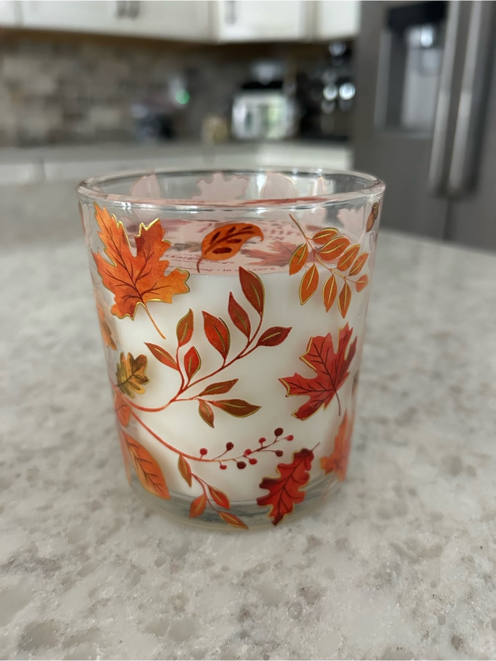“New” Clementine Autumn Leaves Decorative Glass Wood Wick Candle